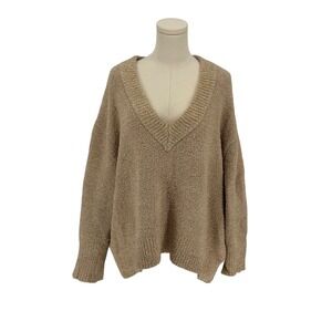 AVA & VIV Women's 1X V Neck Pullover Sweater Metallic Gold Sparkle Cozy